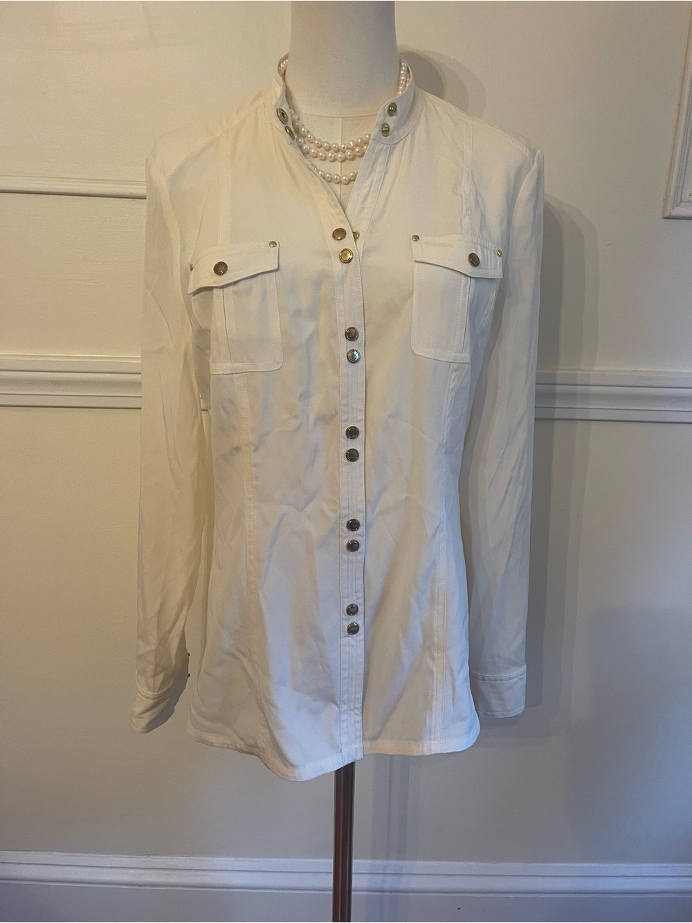 Cache Ivory Button-Front Silk Blouse With Gold buttons